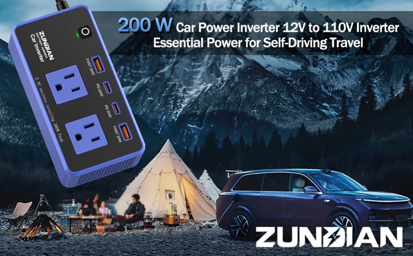 200W Car Power Inverter DC 12V to 110V AC Outlet + USB-C & USB-A 4.8A 24W, Car Plug Adapter Converter for Laptop Camping Travel Road Trip