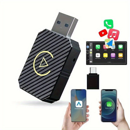 Mini Wired-to-Wireless CarPlay Adapter with USB-A Plug and USB-C Adapter in USB Set Pictured
