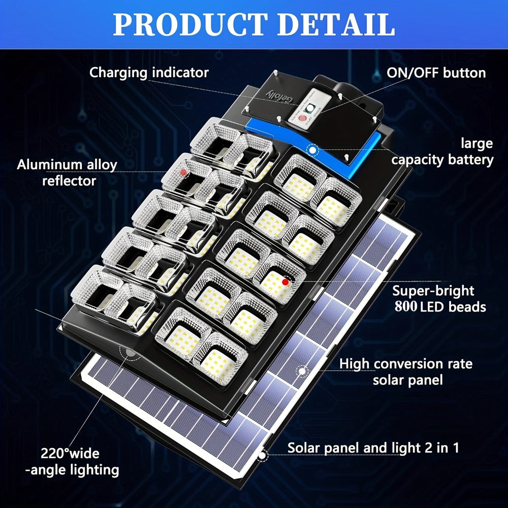 Solar Street Lights Outdoor 800 LED with Motion Sensor, 6500K Dusk to Dawn Flood Light, Remote Control