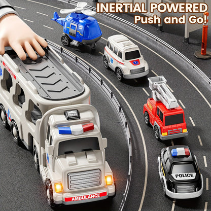 Ambulance Truck Toy Set for Boys, 5-in-1 Friction Power Carrier Truck with Lights & Sounds