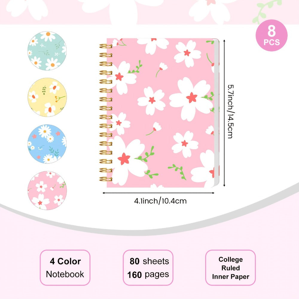 A6 Spiral Notebooks 8 Pack – Floral Design College Ruled Journals with Tear-Off Pages | Portable Memo Pads for Students & Office | Gift Set