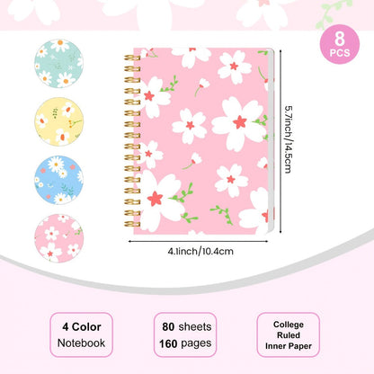 A6 Spiral Notebooks 8 Pack – Floral Design College Ruled Journals with Tear-Off Pages | Portable Memo Pads for Students & Office | Gift Set