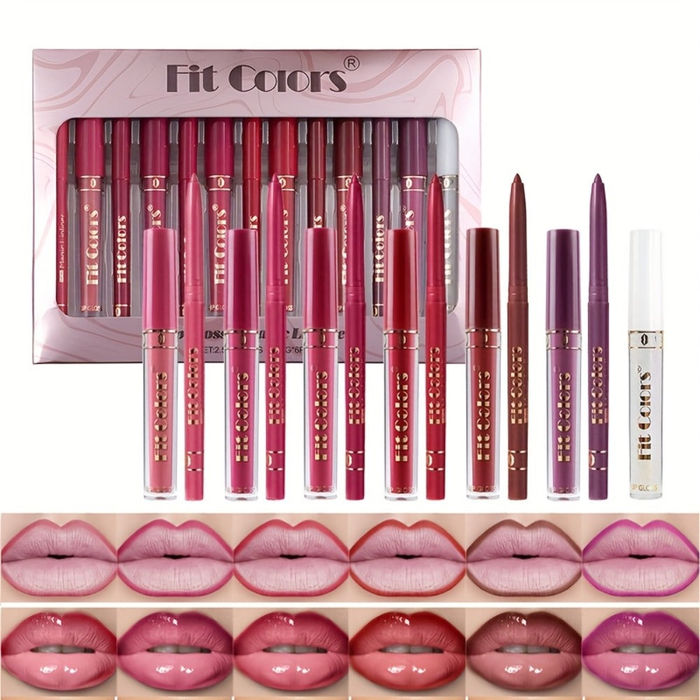 Lip Liner and Lip Gloss Kit 13 Piece Matte Non-Stick Waterproof Pigmented Long-Lasting Moisturizing Lip Glaze Combo Set for Defined Glossy