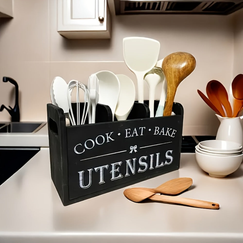 Wooden Kitchen Utensil Holder 3 Compartment Countertop Organizer, Rustic Wood Kitchen Tool Storage Box Wall Mounted or Countertop