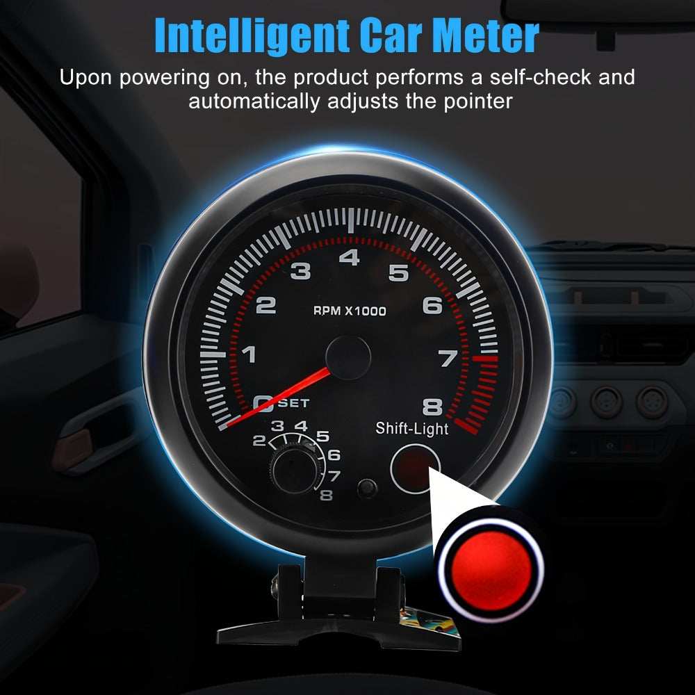 Car Tachometer Gauge 12V 0-8000 RPM 3.75 Inch – LED Shift Light, ABS Black Dial for 4 6 8 Cylinder Petrol Engines