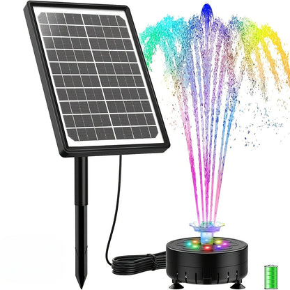 LED Solar Fountain Pump with 10W Separate-Panel and Round Disc Options, Eight Lights and Spray Fittings