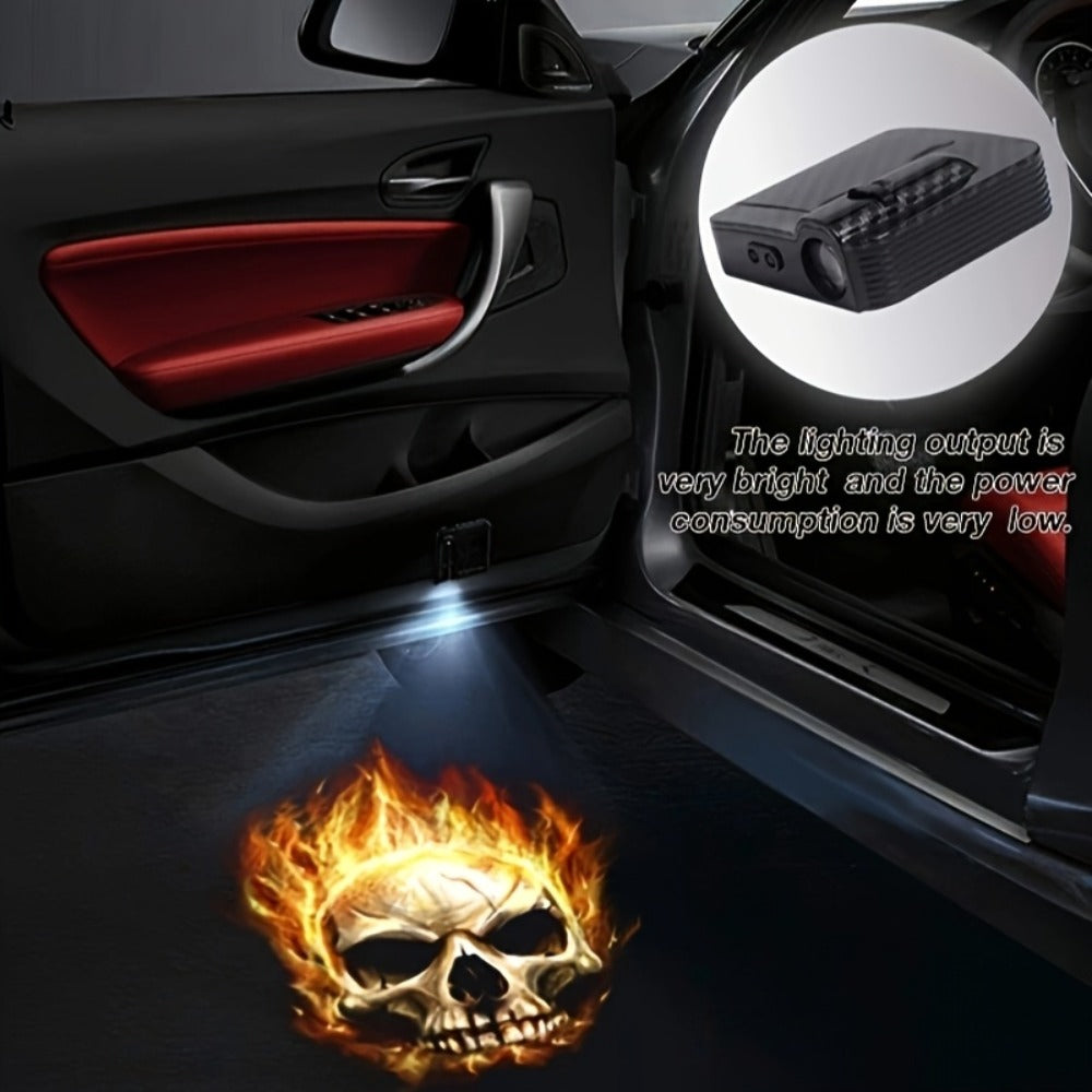 Car Door LED Projector Welcome Light 4-Pack – Flame Skull Ghost Shadow Puddle Lights for Cars & Bikes | Battery Powered | Easy Install Car