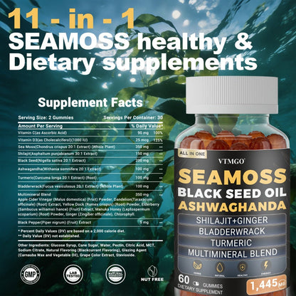 Sea Moss Gummies 1445mg with Shilajit Black Seed Oil Ashwagandha Elderberry Chlorophyll Turmeric Bladderwrack Ginger