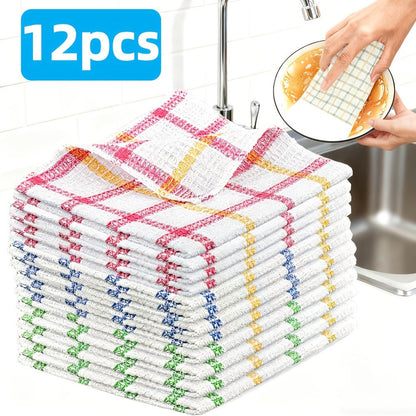 Twelve-Piece Assorted Plaid Kitchen Dishcloth Set with Square Woven Cloths in Random Check Styles