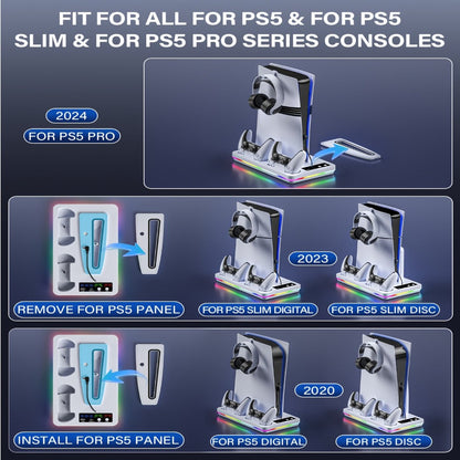 RGB Console Stand Compatible with PS5, Slim and Pro Models, Three-Speed Fan and Dual Controller Charging Dock