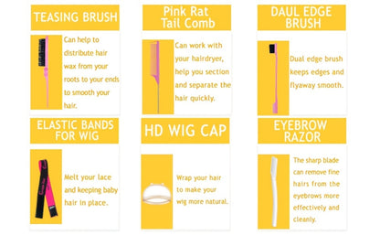 Lace Wig Installation Kit, 10-Piece Set with Melting Spray, Liquid Bottles, Bands, Caps, Combs and Brushes