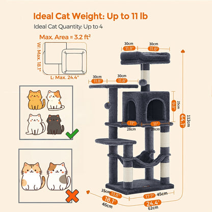 Cat Tree Tower Multi-Level Condo – 44in & 66in with Cozy Cave, Plush Hammock, 4 Sisal Scratching Posts & 2 Perches | Anti-Tilt Stable Cat
