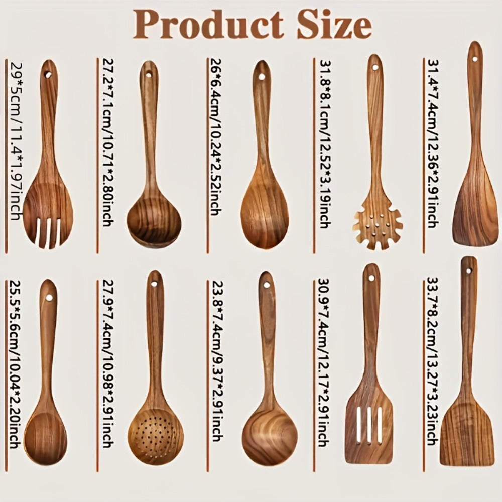 Wooden Kitchen Utensil Set 10 Piece – Nonstick Safe Cooking Spoons, Ergonomic Handle, Heat Resistant Wood Kitchen Tools