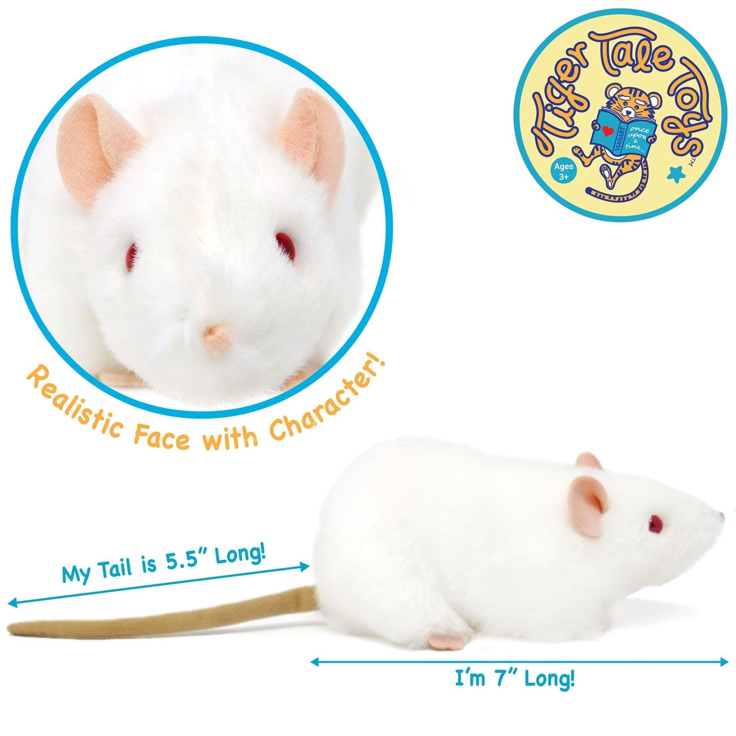 Plush Toy Wylie Realistic White Rat 7-Inch Stuffed Animal with Character Story for Character Display, Room Decor and Gift Presentation