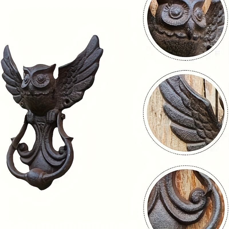 Owl Door Knocker Heavy Duty Cast Iron Winged Old Country Style Feather Detail Rustic Home Entryway Decoration Craft Gift
