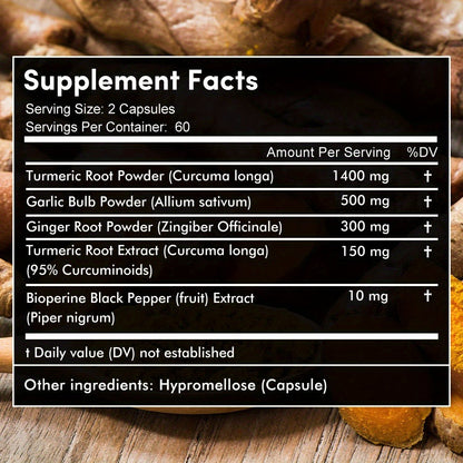 Herbal Supplement with BALINCER Label, Turmeric Bioperine Garlic Ginger 2360mg per Serving, 120 Capsules