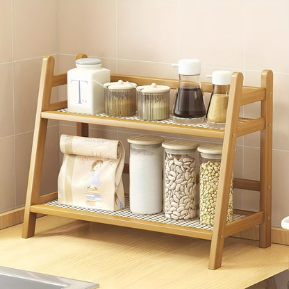 Bamboo Countertop Shelf Organizer 2-Tier – Trapezoidal Wooden Storage Rack for Kitchen Office Bedroom and Desk
