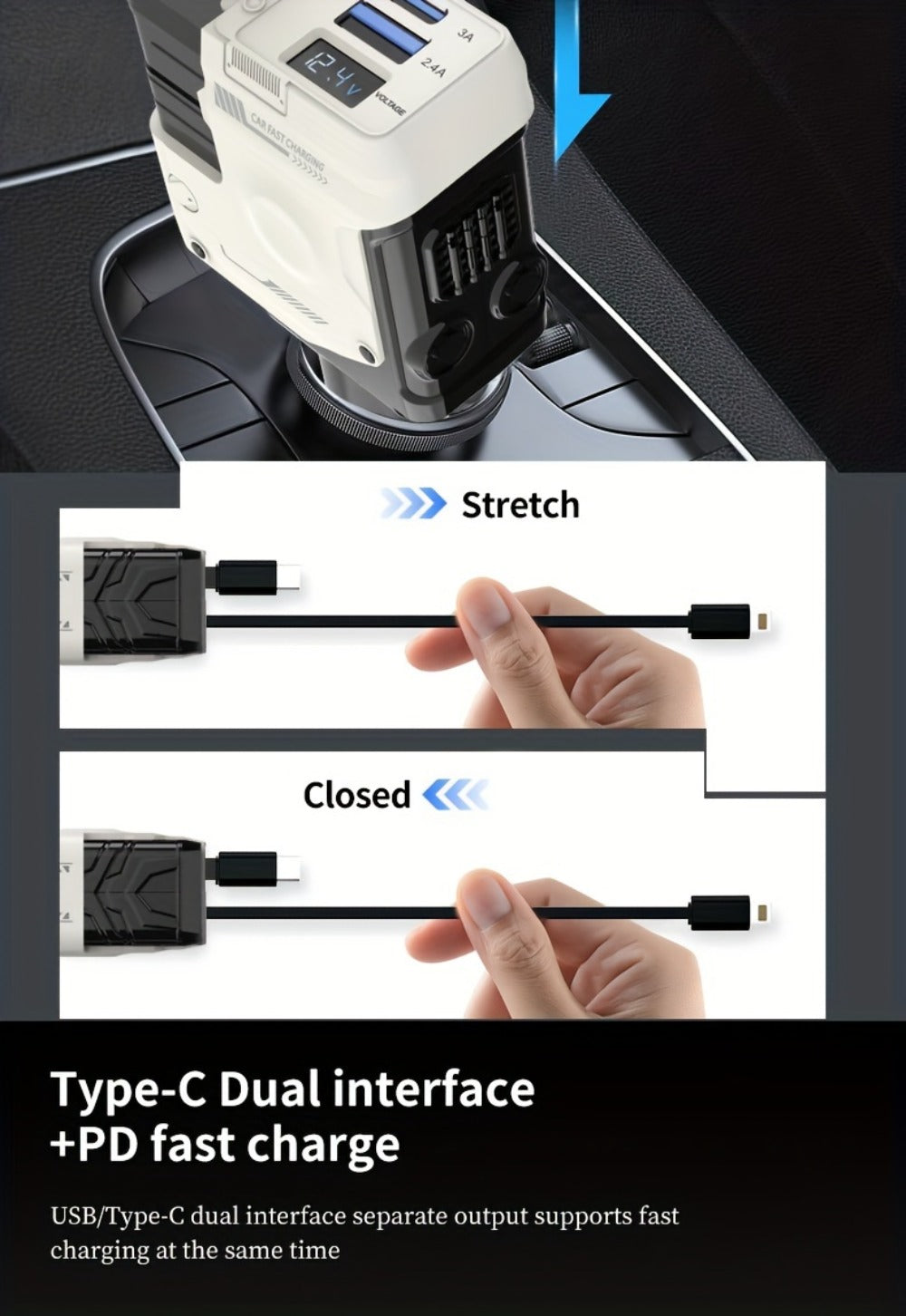 120W Fast Car Charger 4-in-1 with Retractable PD 3.0 Type-C Cable & Multi-Port USB Adapter