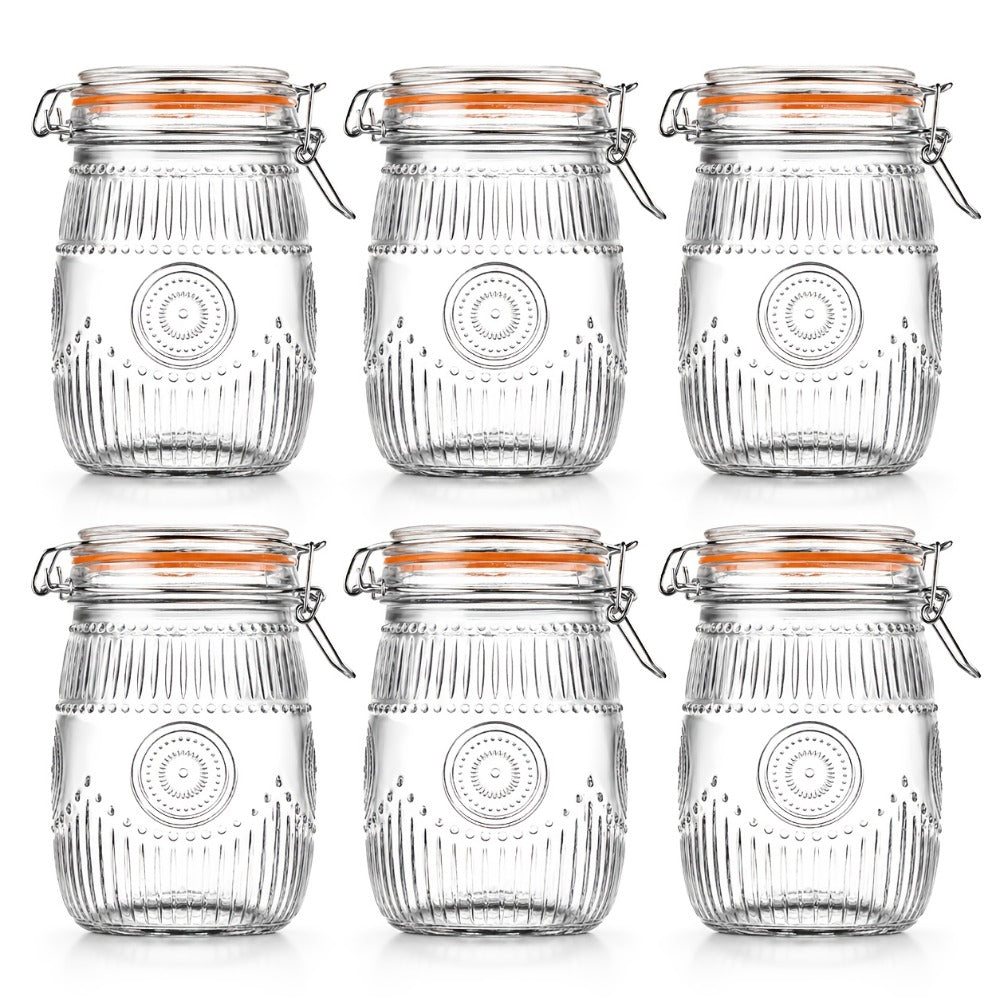 Mason Jars 6-Pack, 32 oz Wide-Mouth Glass Canisters with Hinged Lids and Sunflower Pattern for Coffee, Sugar, Beans and Spices