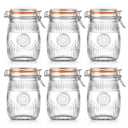 Mason Jars 6-Pack, 32 oz Wide-Mouth Glass Canisters with Hinged Lids and Sunflower Pattern for Coffee, Sugar, Beans and Spices