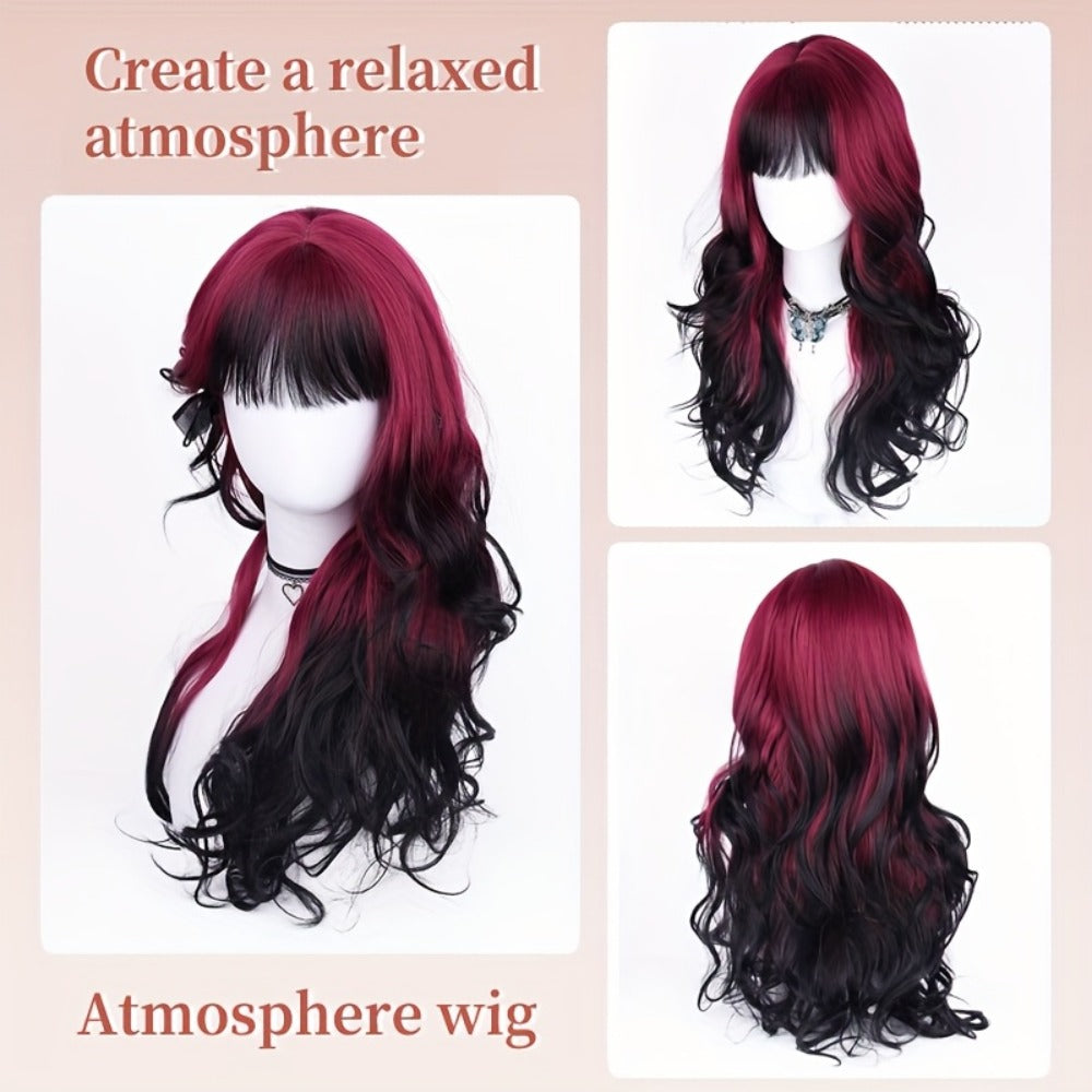 Long Curly Wig Black Red Highlights 28 Inch Wavy Synthetic Rose Net Cap Glamorous Voluminous Hair for Women Cosplay Party Halloween Daily