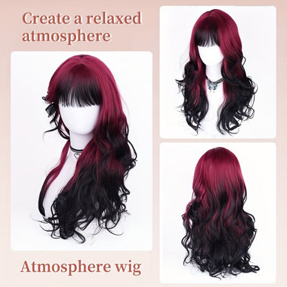 Long Curly Wig Black Red Highlights 28 Inch Wavy Synthetic Rose Net Cap Glamorous Voluminous Hair for Women Cosplay Party Halloween Daily