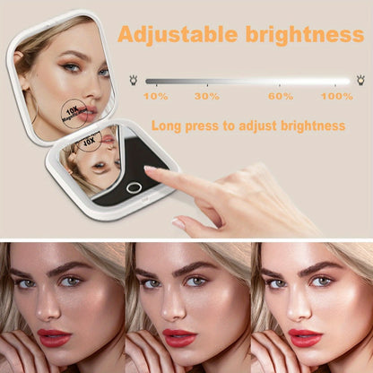 Rechargeable Pink or White LED Compact Mirror with 1X and 10X Views, Three Light Modes and Touch Dimming