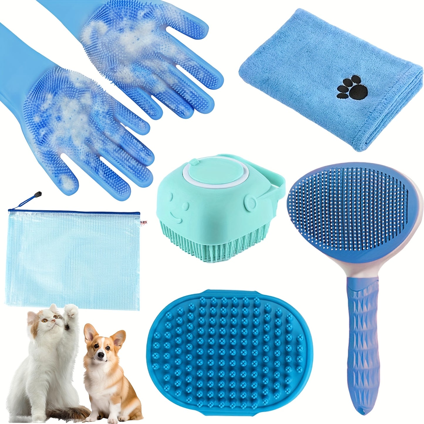 Dog Grooming Kit Set 6pcs – Pet Brush, Microfiber Towel, Washing Gloves & Shedding Tool, No Power Required