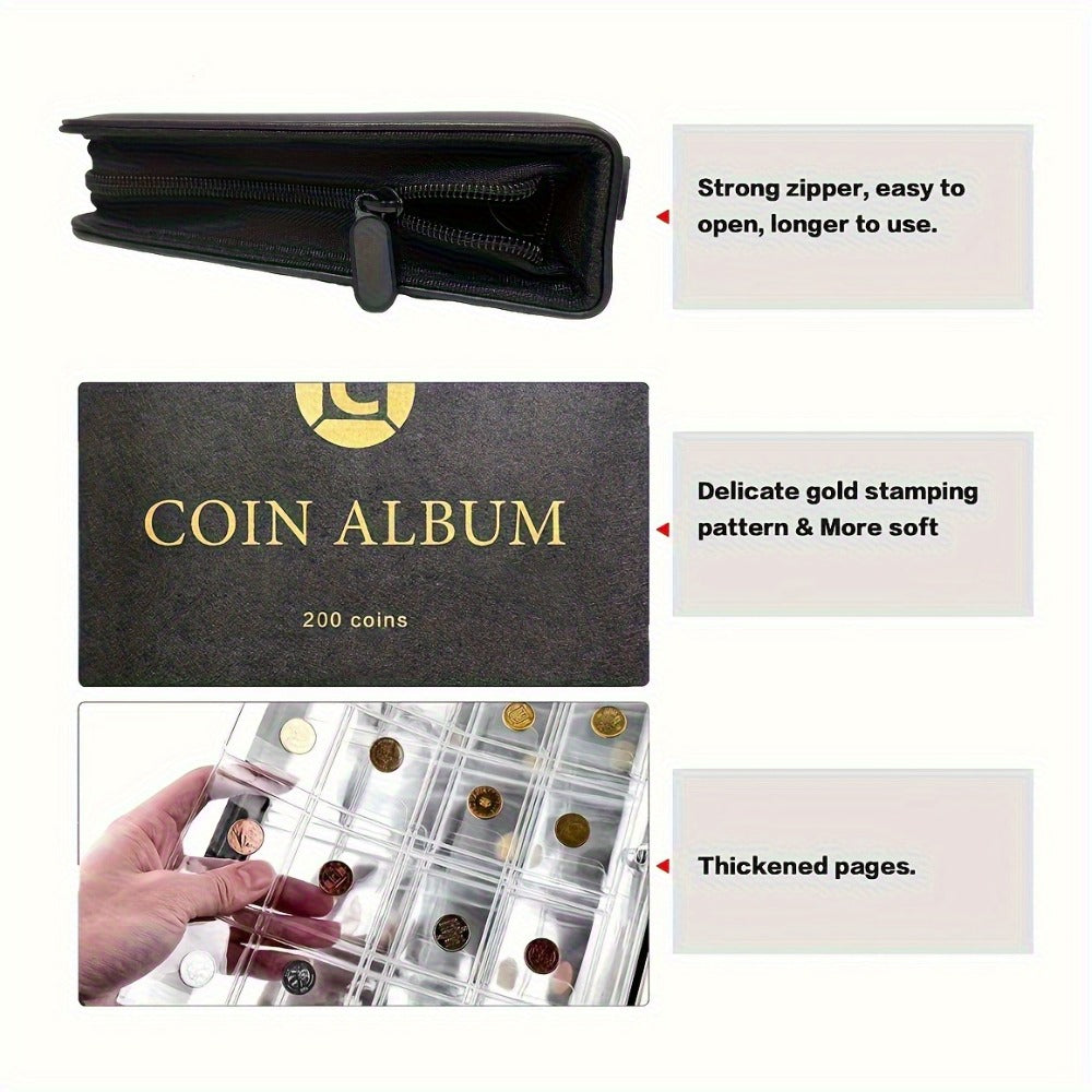 Coin Collection Book with Zipper & Handle 200/320 Pockets – 10/20 Page Coin Storage Album for Currency & Commemorative Coins