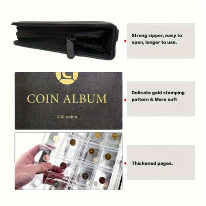 Coin Collection Book with Zipper & Handle 200/320 Pockets – 10/20 Page Coin Storage Album for Currency & Commemorative Coins