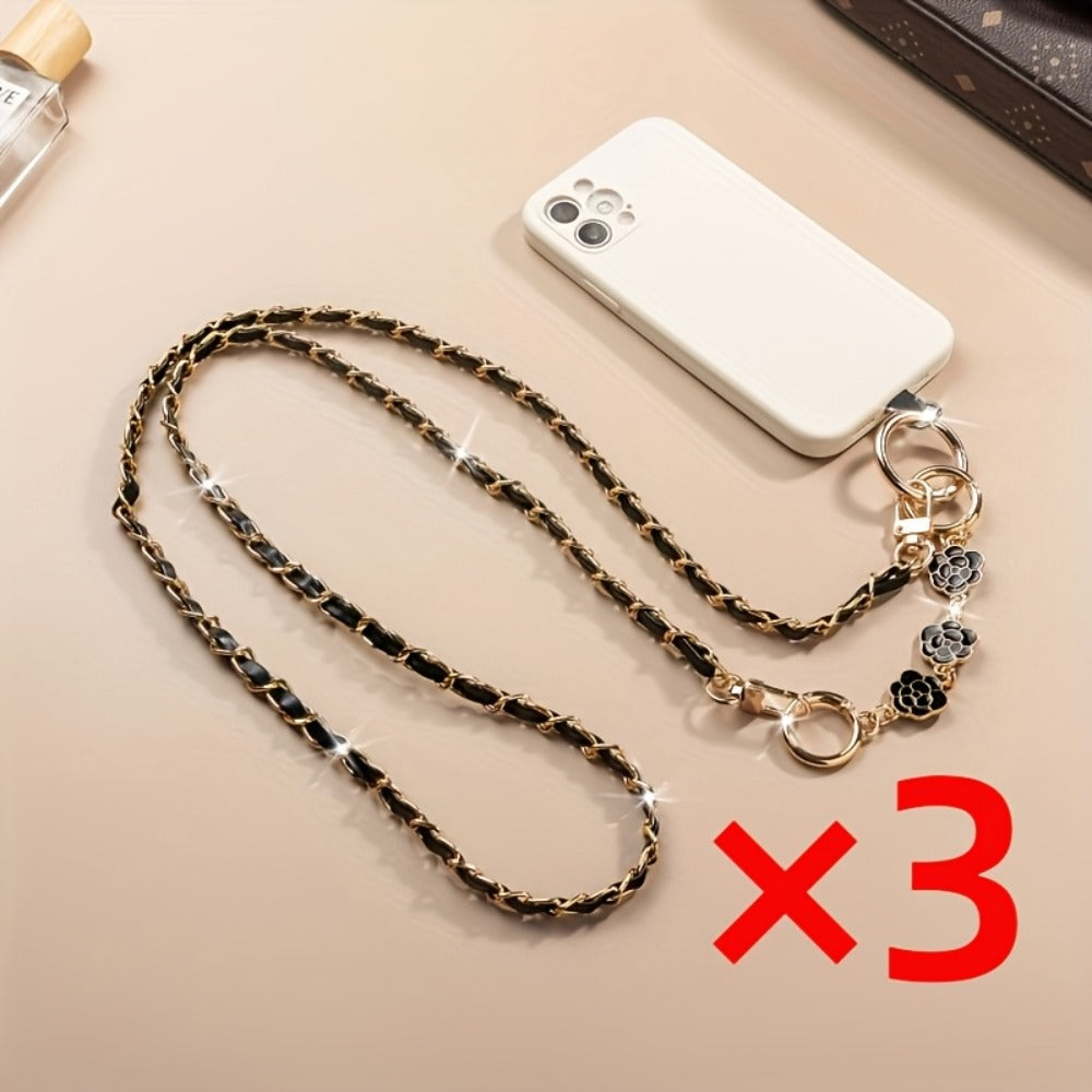 Crossbody Phone Strap Long Chain Pearl Camellia Metal Charm Elegant Lanyard for Women Girls