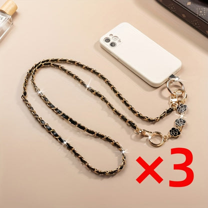 Crossbody Phone Strap Long Chain Pearl Camellia Metal Charm Elegant Lanyard for Women Girls
