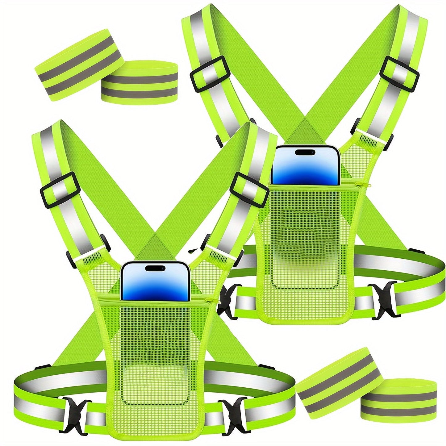 Reflective Running Vest with Phone Holder & Reflective Bracelets – Adjustable Safety Vest for Men Women, Dog Walking, Cycling
