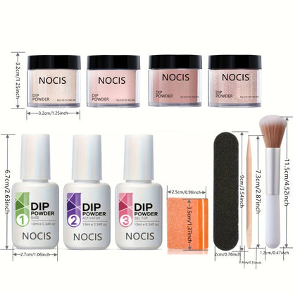 Dip Powder Nail Kit with NOCIS Label, Four Nude Blush Shimmer Powders, Three 10ml Liquids and Four Tools