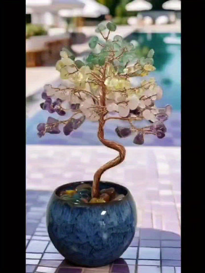 Natural Crystal Gemstone Tree with Ceramic Base 7 Inch Handmade Healing Stone Bonsai Tree for Entryways, Bedrooms and Living Spaces