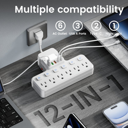 Desk Lamp Power Strip 12-in-1 with Adjustable LED Light, 6 AC Outlets & 5 USB Ports (3 USB-A + 2 USB-C)