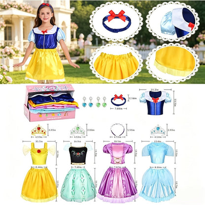 Girls Princess Dress Up Costume Set 14pcs, 5 Role Play Outfits with Crowns, Earrings & Storage Box