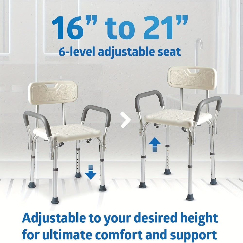 Height-Adjustable Shower Chair with Backrest, Padded Armrests, Drainage Seat and Four Rubber Feet
