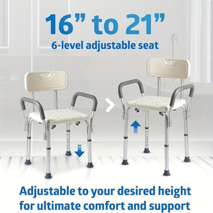 Height-Adjustable Shower Chair with Backrest, Padded Armrests, Drainage Seat and Four Rubber Feet