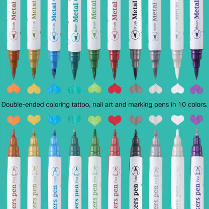 Double-Ended Tattoo Pen Set 10 Pcs with 114 Templates & Butterfly Stickers, Waterproof Sweat-Resistant DIY