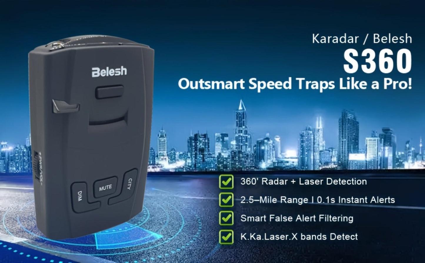 Radar Detector for Cars – S360 360° Long Range X/K/KA Band & Laser Detection with Voice Alerts, City Highway Mode