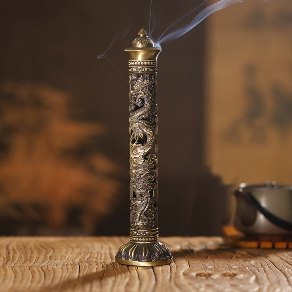 Incense Stick Holder Metal Retro Vertical Design, Dragon & Phoenix Heart Sutra Motif Brass Incense Burner Stand