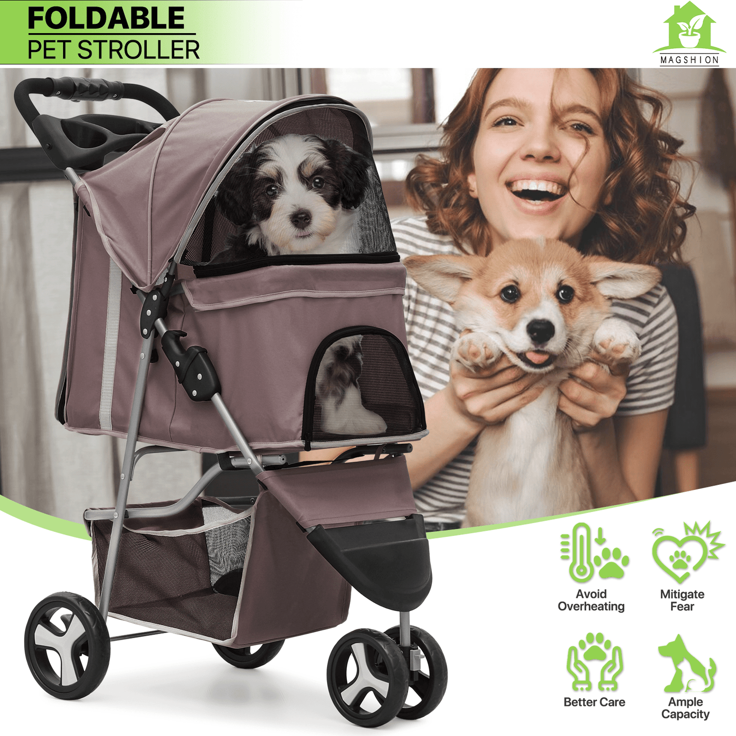 Three-Wheel Pet Stroller with Folding Mesh Cabin, Cup Tray, Lower Basket and Eleven Color or Print Options