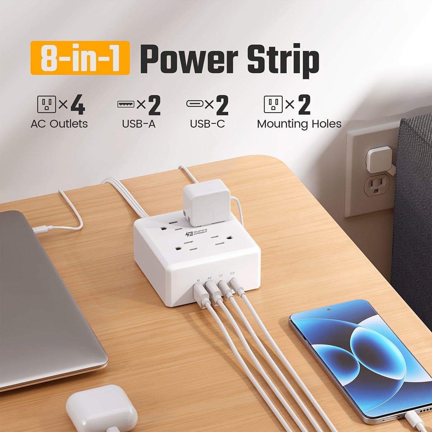Power Strip 8-in-1 with 4 Widely Spaced AC Outlets, 4 USB Ports and 5-Foot Cord in Three Color Options