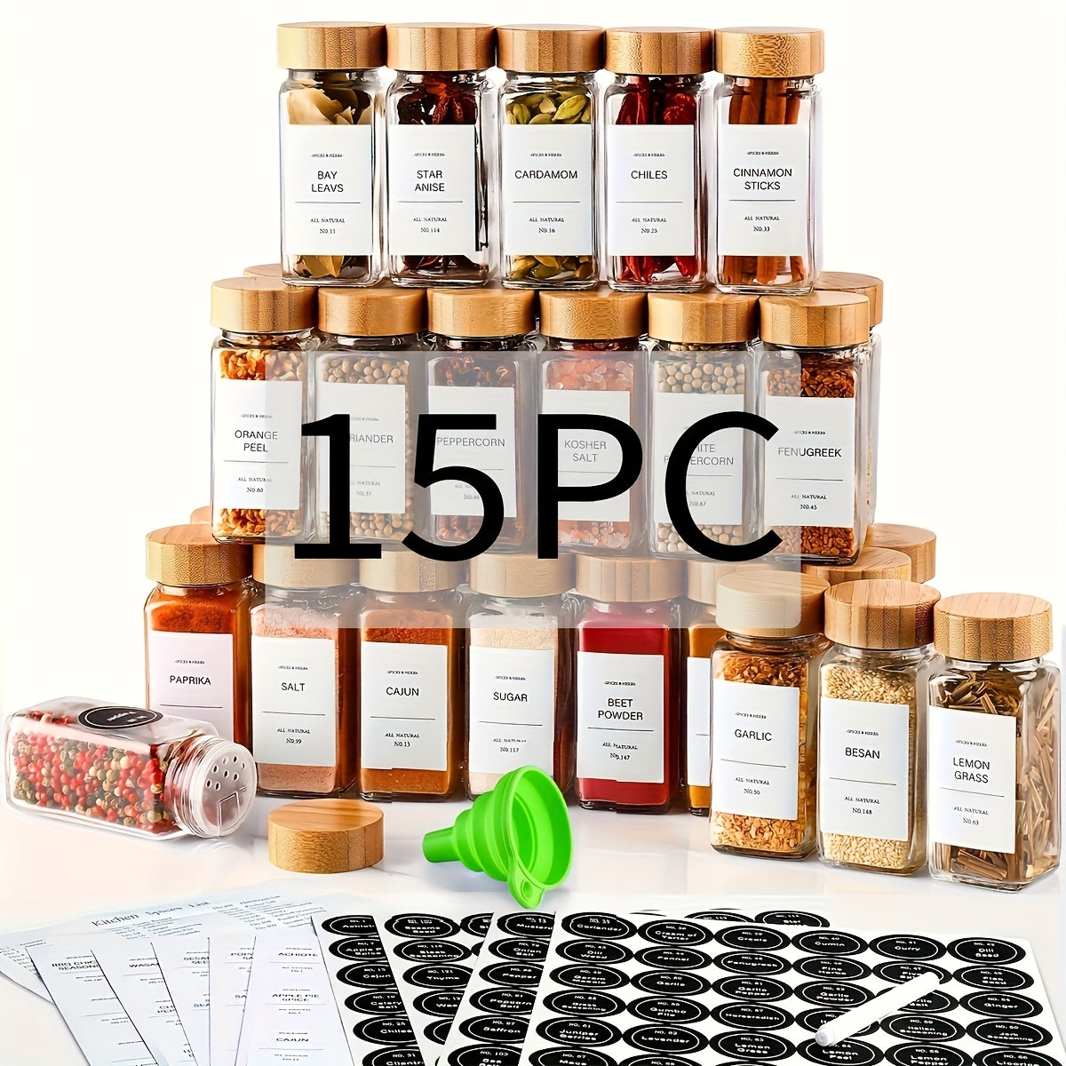 Glass Spice Jars with Labels and Lids 4oz, Empty Spice Bottles with Foldable Funnel for Kitchen Organization