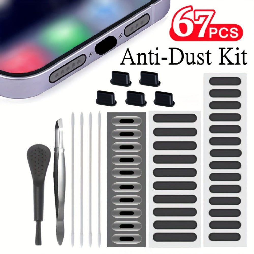 Phone Dust Plug Kit 67PCS – Type-C & Lightning Port Protectors, Speaker Dust Mesh Stickers, Cleaning Brush Set