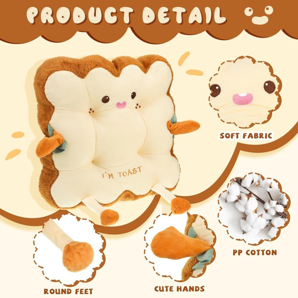 Kawaii Plush Toast Cushion Cute Bread Shaped Seat Pillow Funny Face Expression Soft Stuffed Food Pillow for Office Chair Car Sofa Bedroom