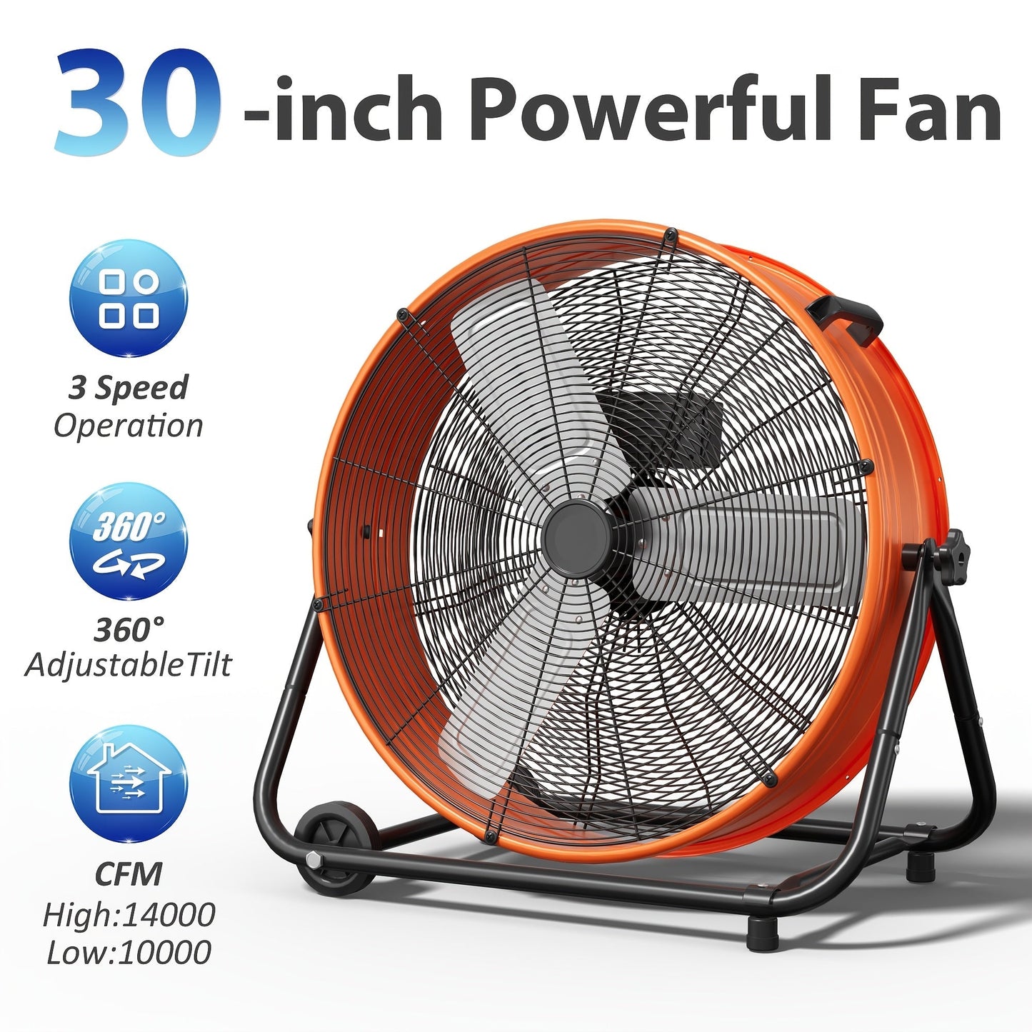 Industrial Drum Floor Fan with Three Speeds, Tilt Frame and 24- or 30-Inch Black, Orange, Green or Yellow Options