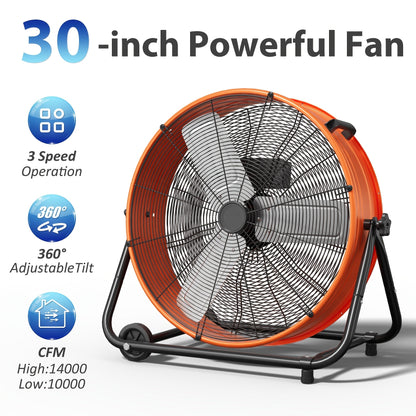 Industrial Drum Floor Fan with Three Speeds, Tilt Frame and 24- or 30-Inch Black, Orange, Green or Yellow Options