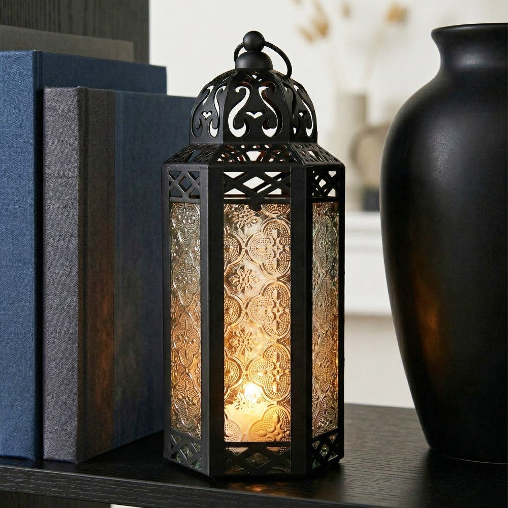 Moroccan Candle Lantern Holder - Decorative Metal & Glass Lantern with Embossed Floral Design for Indoor Home Decor
